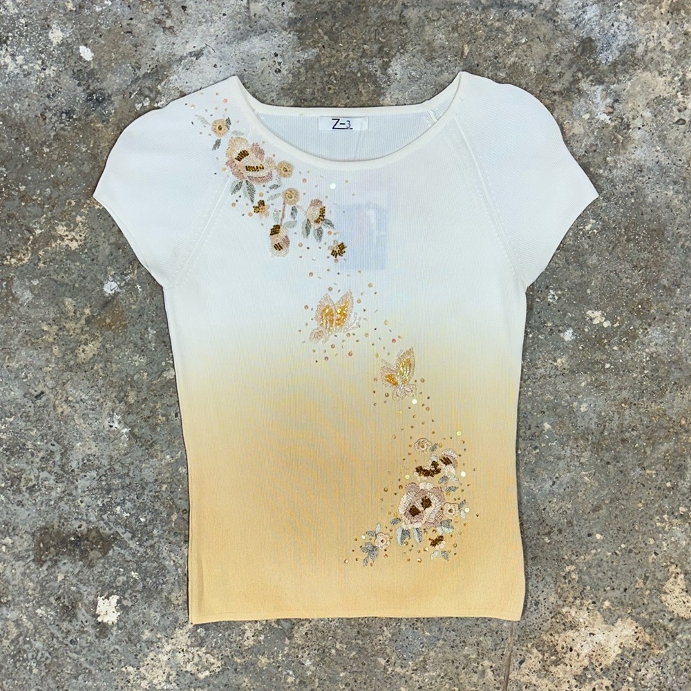Vintage Orange Ombre Flower Butterfly Embroidered Knit Top